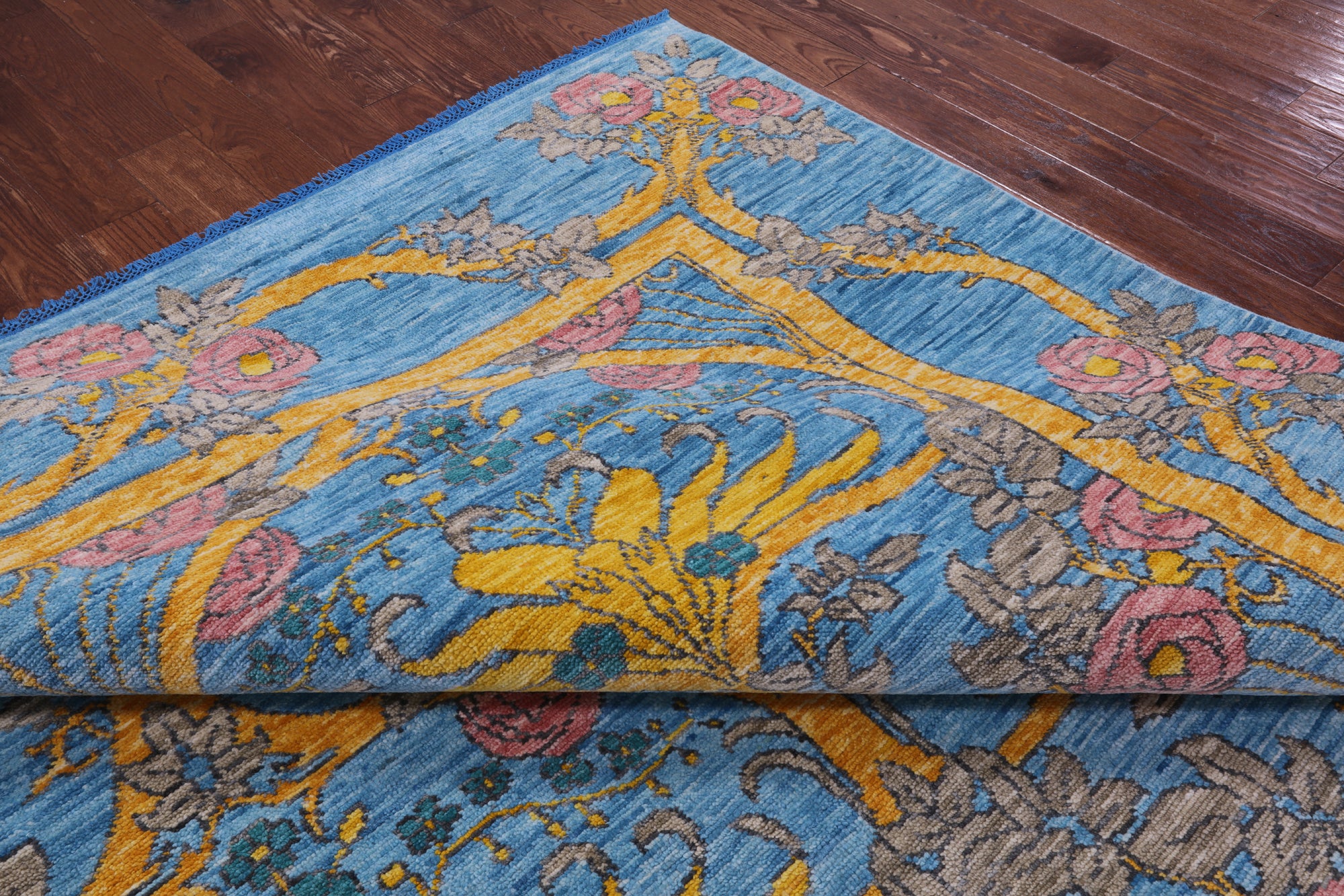 Blue William Morris Hand Knotted Wool Rug - 10' 1" X 13' 10" - Golden Nile