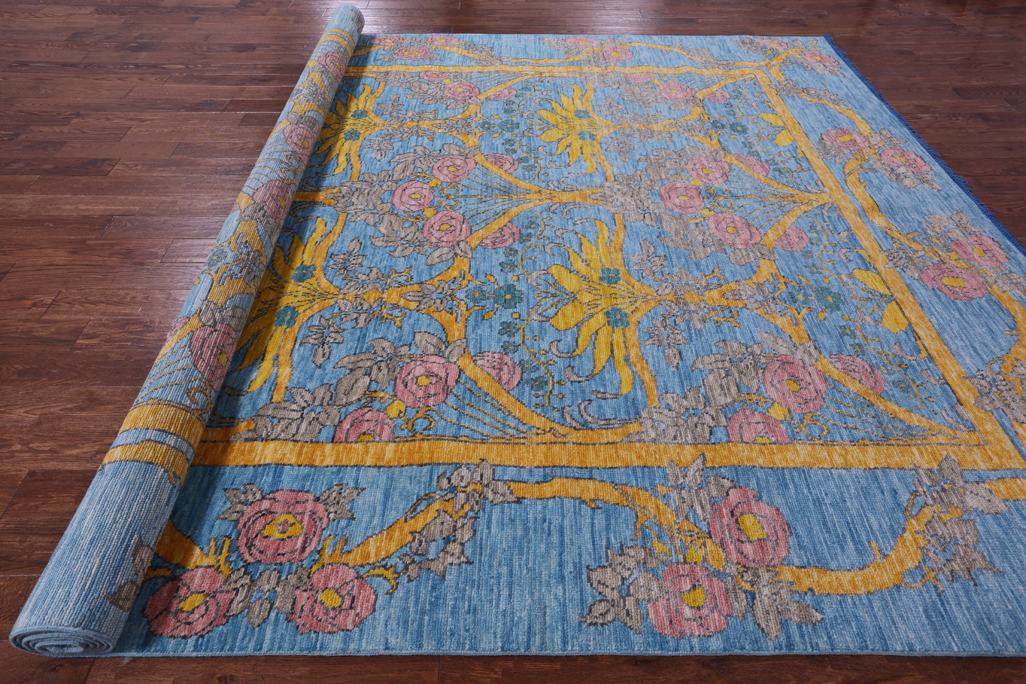 Blue William Morris Hand Knotted Wool Rug - 10' 1" X 13' 10" - Golden Nile