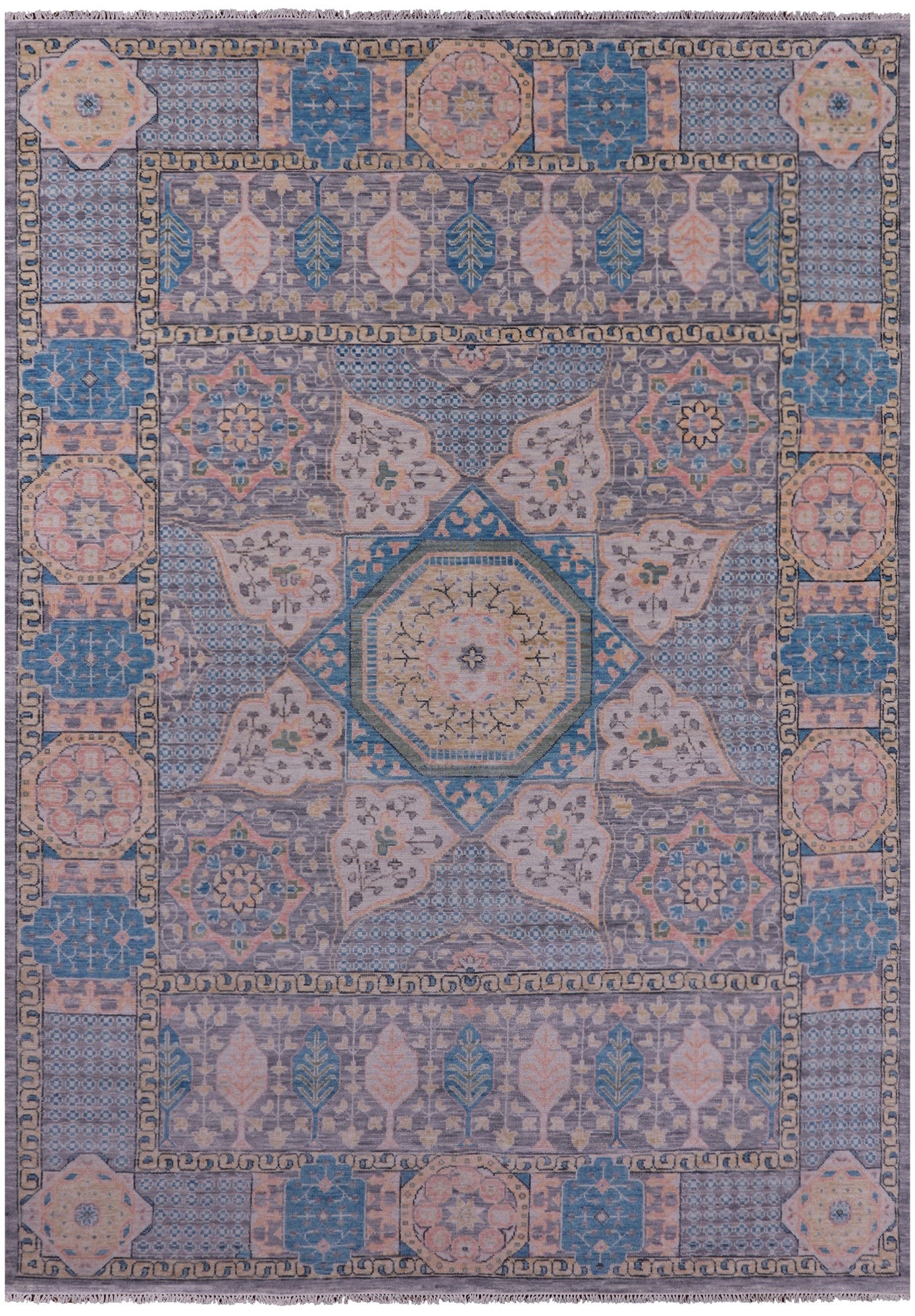 Grey Geometric Persian Mamluk Hand Knotted Wool Rug - 10' 2" X 14' 1" - Golden Nile