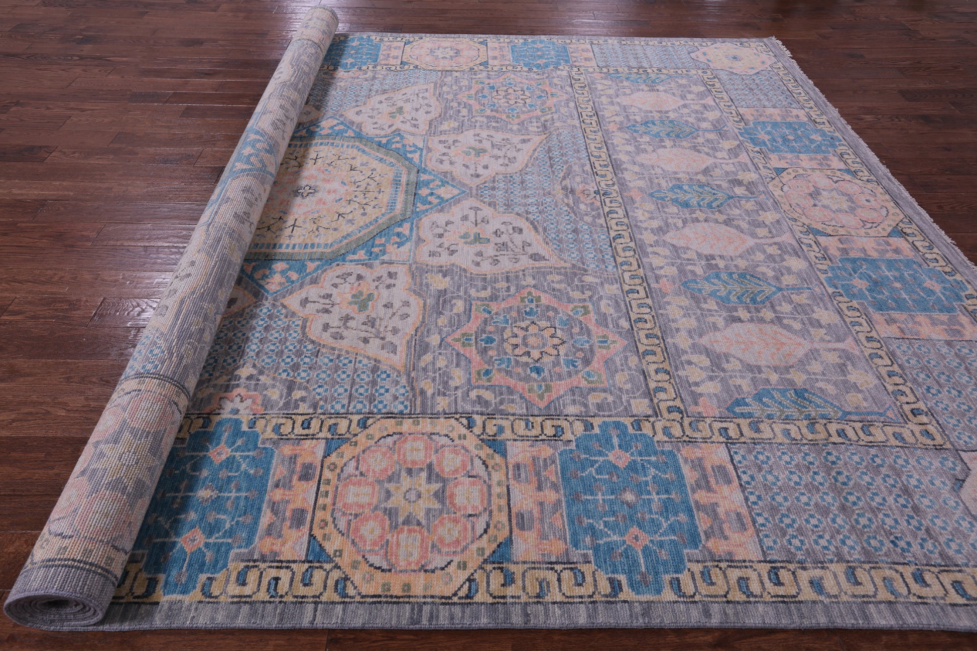 Grey Geometric Persian Mamluk Hand Knotted Wool Rug - 10' 2" X 14' 1" - Golden Nile