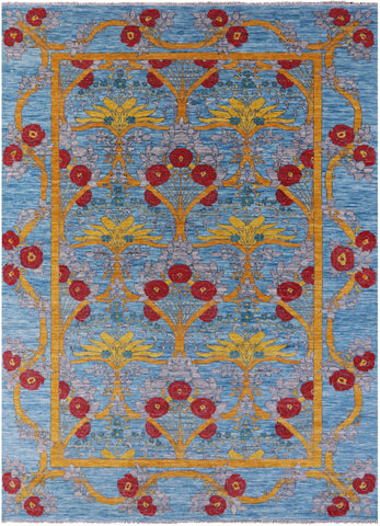 Blue William Morris Hand Knotted Wool Rug - 10' 1
