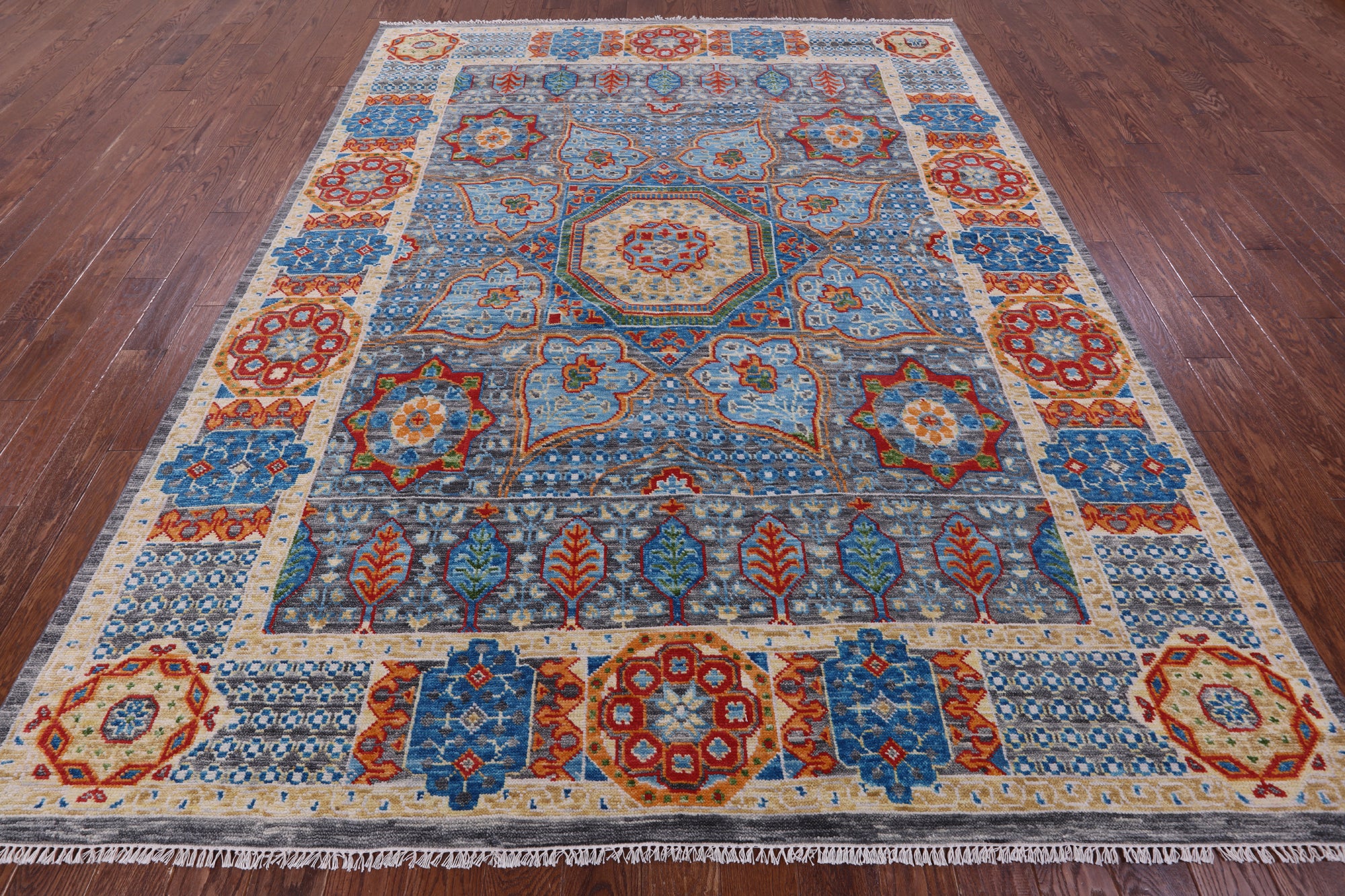 Grey Geometric Persian Mamluk Hand Knotted Wool Rug - 8' 2" X 10' 6" - Golden Nile