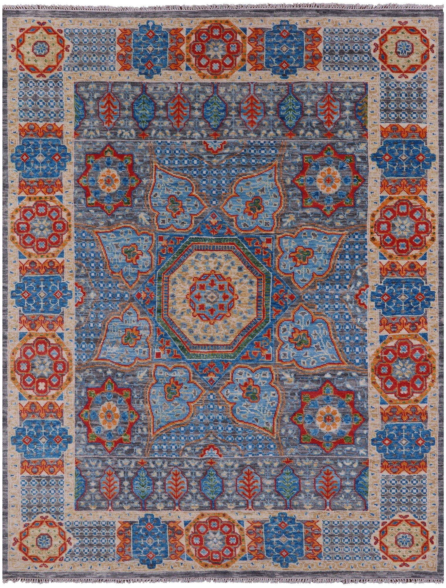 Grey Geometric Persian Mamluk Hand Knotted Wool Rug - 8' 2" X 10' 6" - Golden Nile