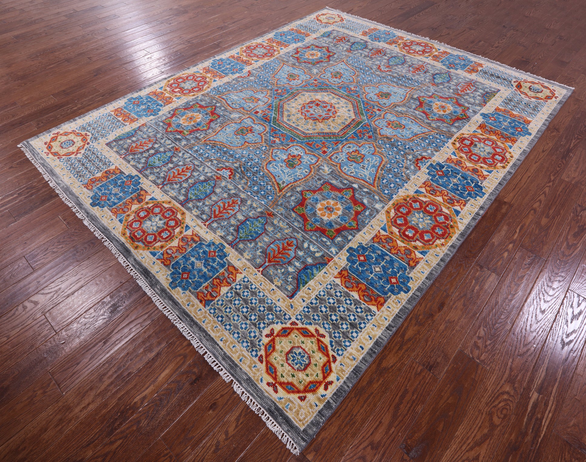 Grey Geometric Persian Mamluk Hand Knotted Wool Rug - 8' 2" X 10' 6" - Golden Nile