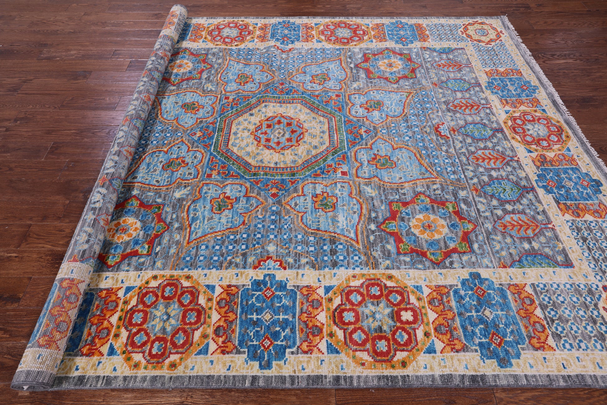 Grey Geometric Persian Mamluk Hand Knotted Wool Rug - 8' 2" X 10' 6" - Golden Nile