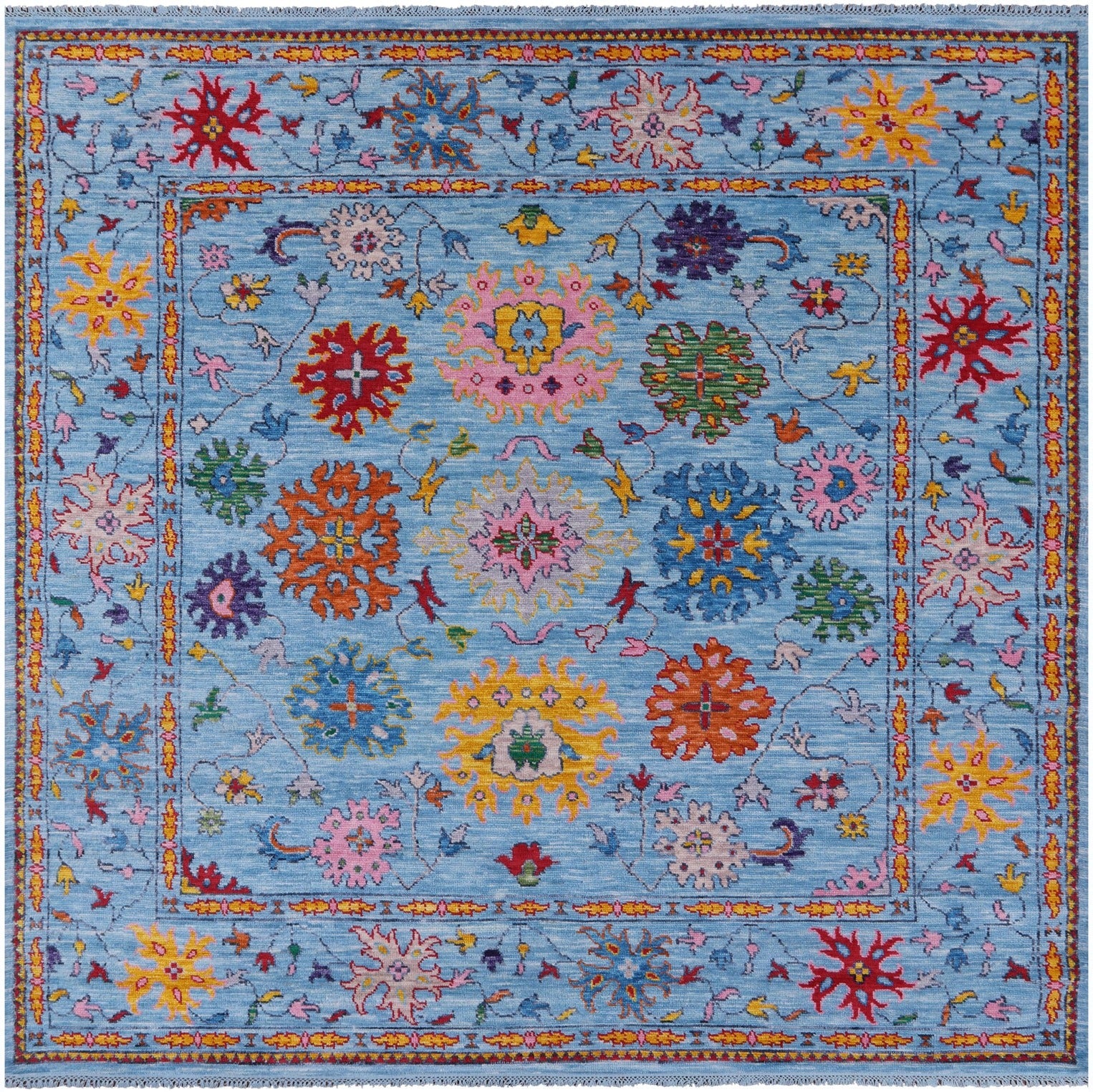 Blue Square Turkish Oushak Handmade Wool Rug - 9' 0" X 9' 0" - Golden Nile