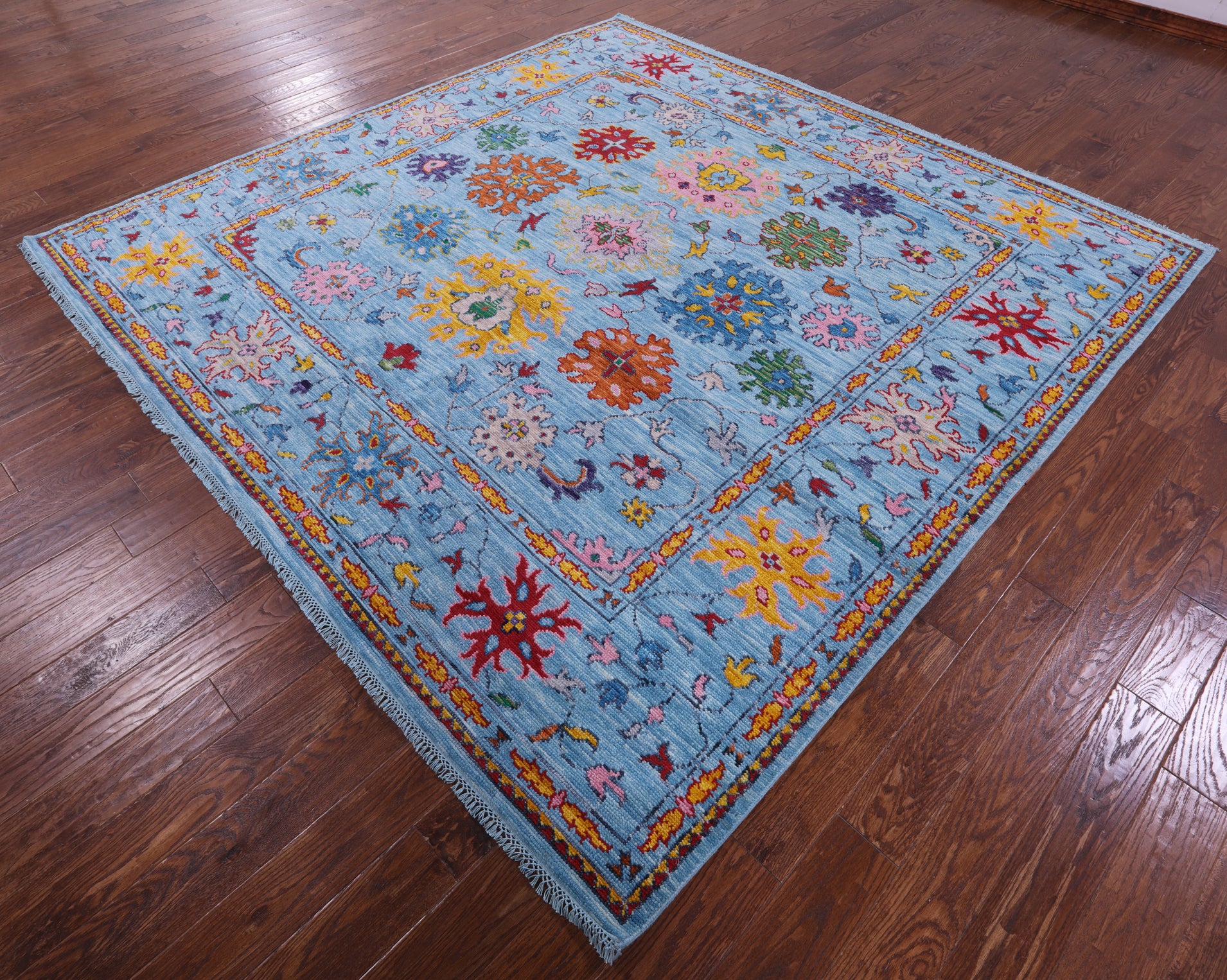 Blue Square Turkish Oushak Handmade Wool Rug - 9' 0" X 9' 0" - Golden Nile