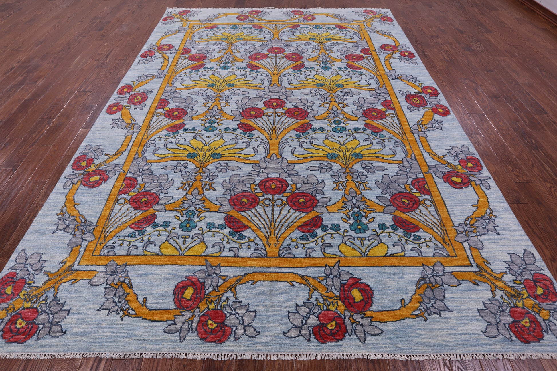 Blue William Morris Hand Knotted Wool Rug - 9' 0" X 12' 0" - Golden Nile