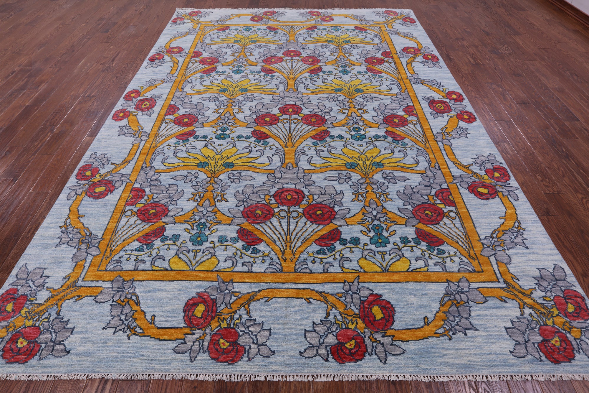 Blue William Morris Hand Knotted Wool Rug - 9' 0" X 12' 0" - Golden Nile
