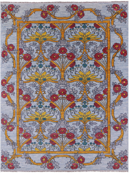 Blue William Morris Hand Knotted Wool Rug - 9' 0" X 12' 0" - Golden Nile