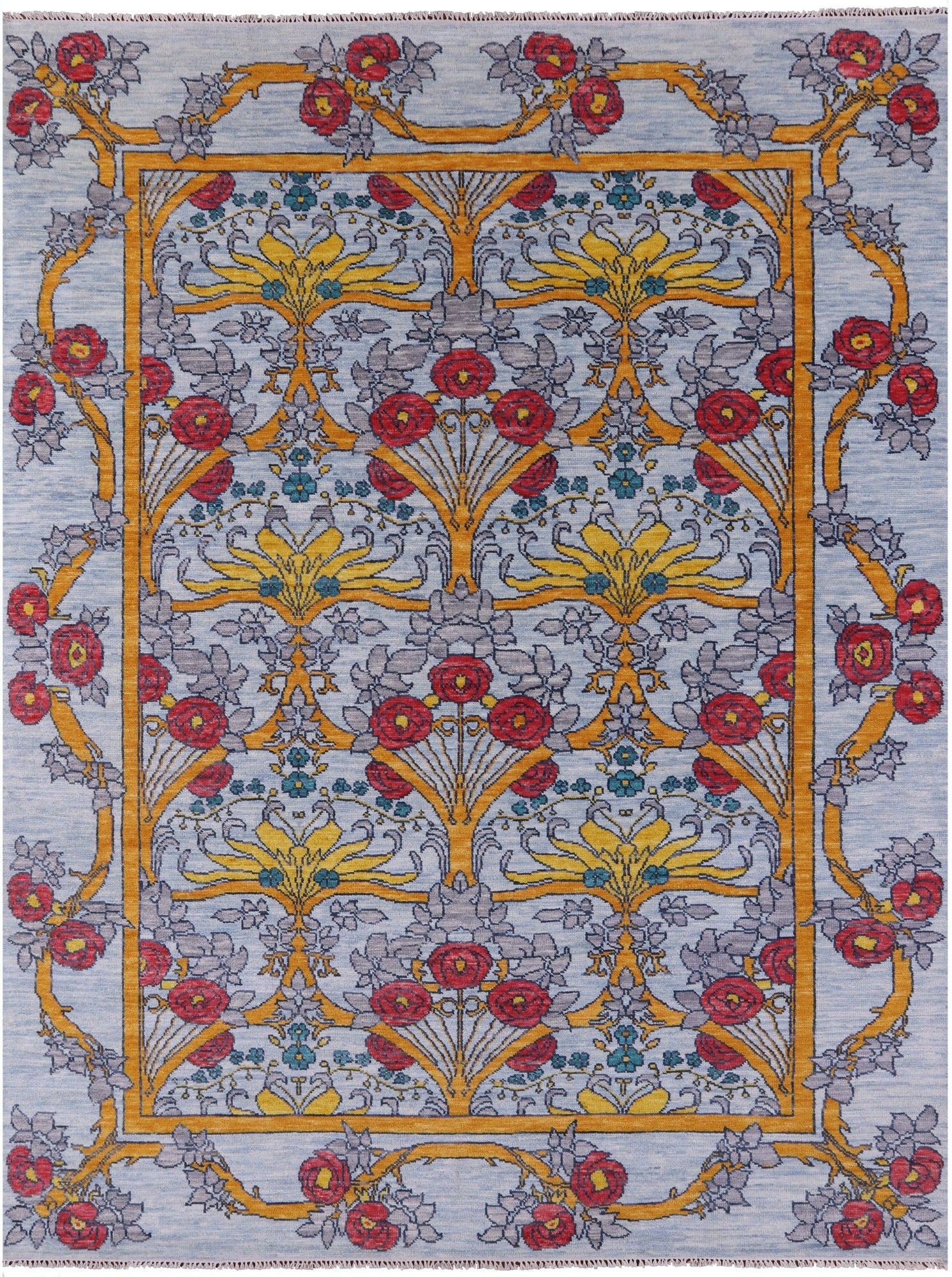 Blue William Morris Hand Knotted Wool Rug - 9' 0" X 12' 0" - Golden Nile