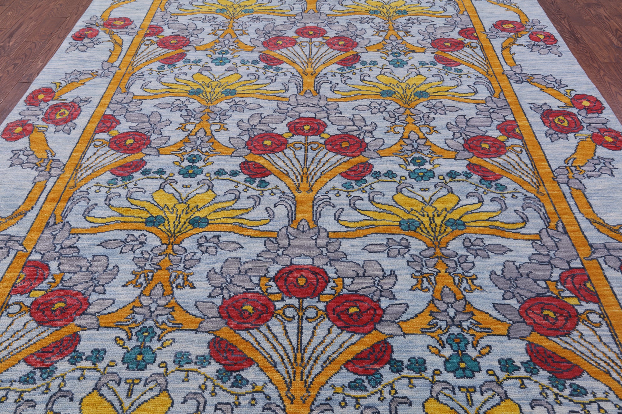 Blue William Morris Hand Knotted Wool Rug - 9' 0" X 12' 0" - Golden Nile
