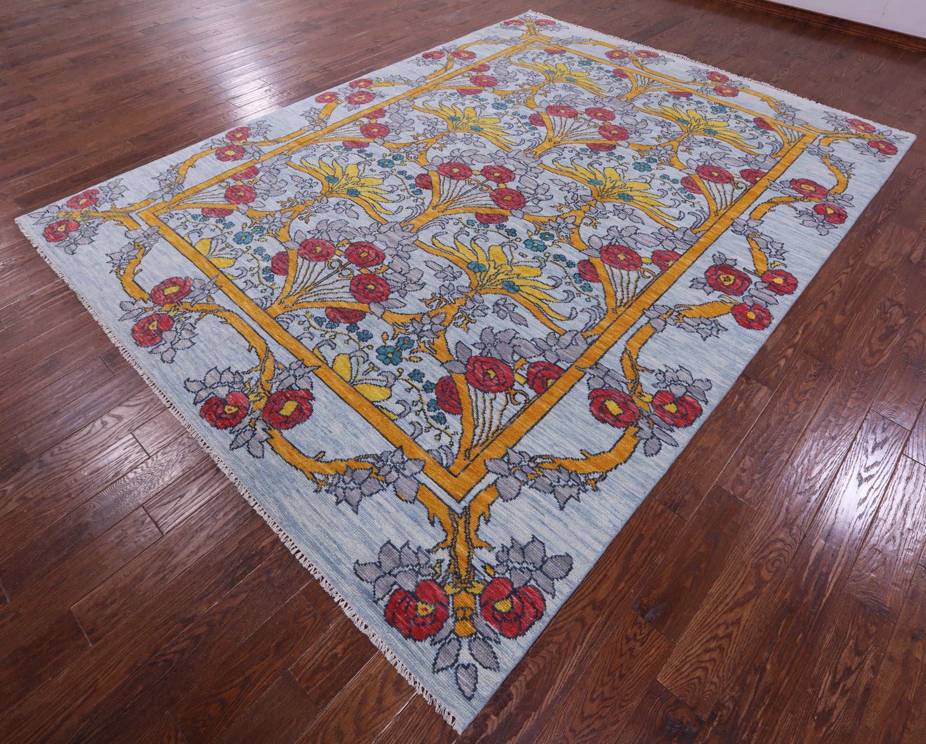 Blue William Morris Hand Knotted Wool Rug - 9' 0" X 12' 0" - Golden Nile