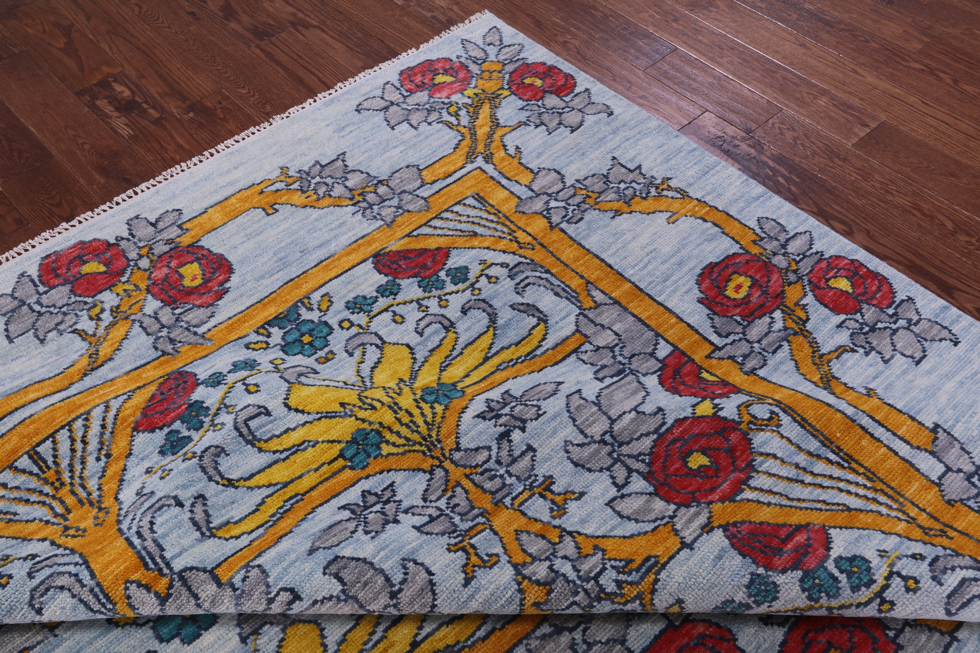 Blue William Morris Hand Knotted Wool Rug - 9' 0" X 12' 0" - Golden Nile