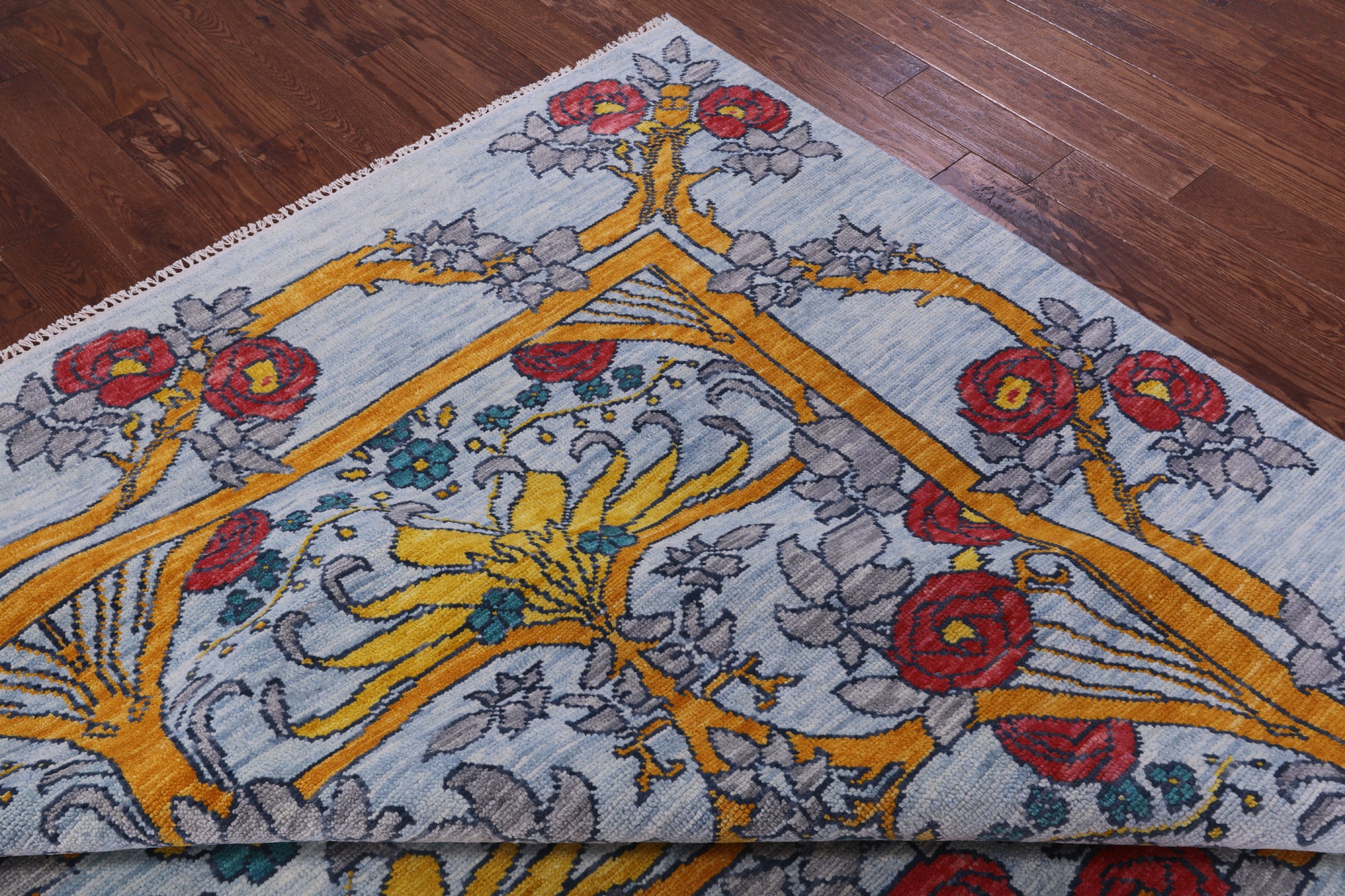 Blue William Morris Hand Knotted Wool Rug - 9' 0" X 12' 0" - Golden Nile
