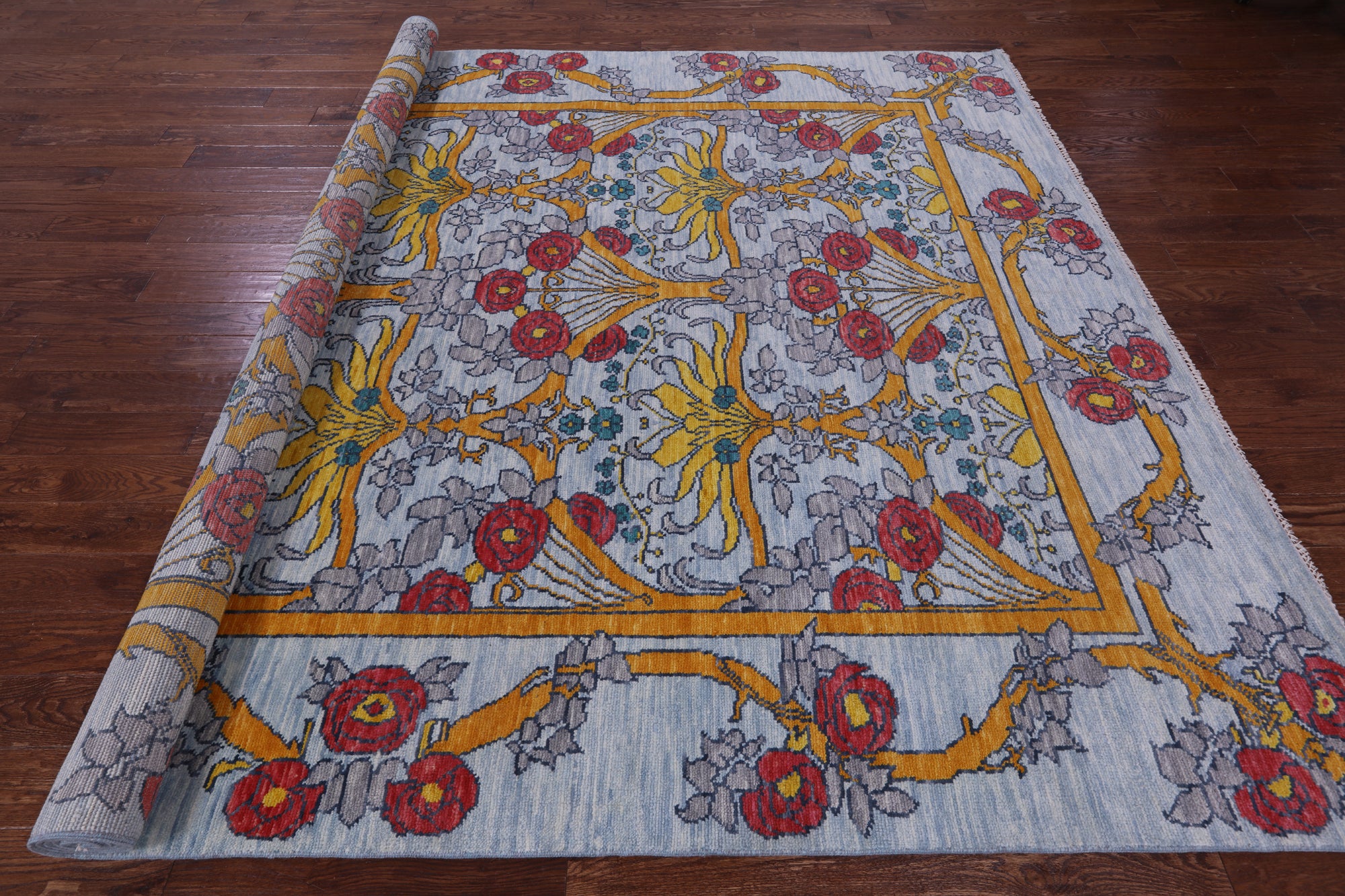 Blue William Morris Hand Knotted Wool Rug - 9' 0" X 12' 0" - Golden Nile