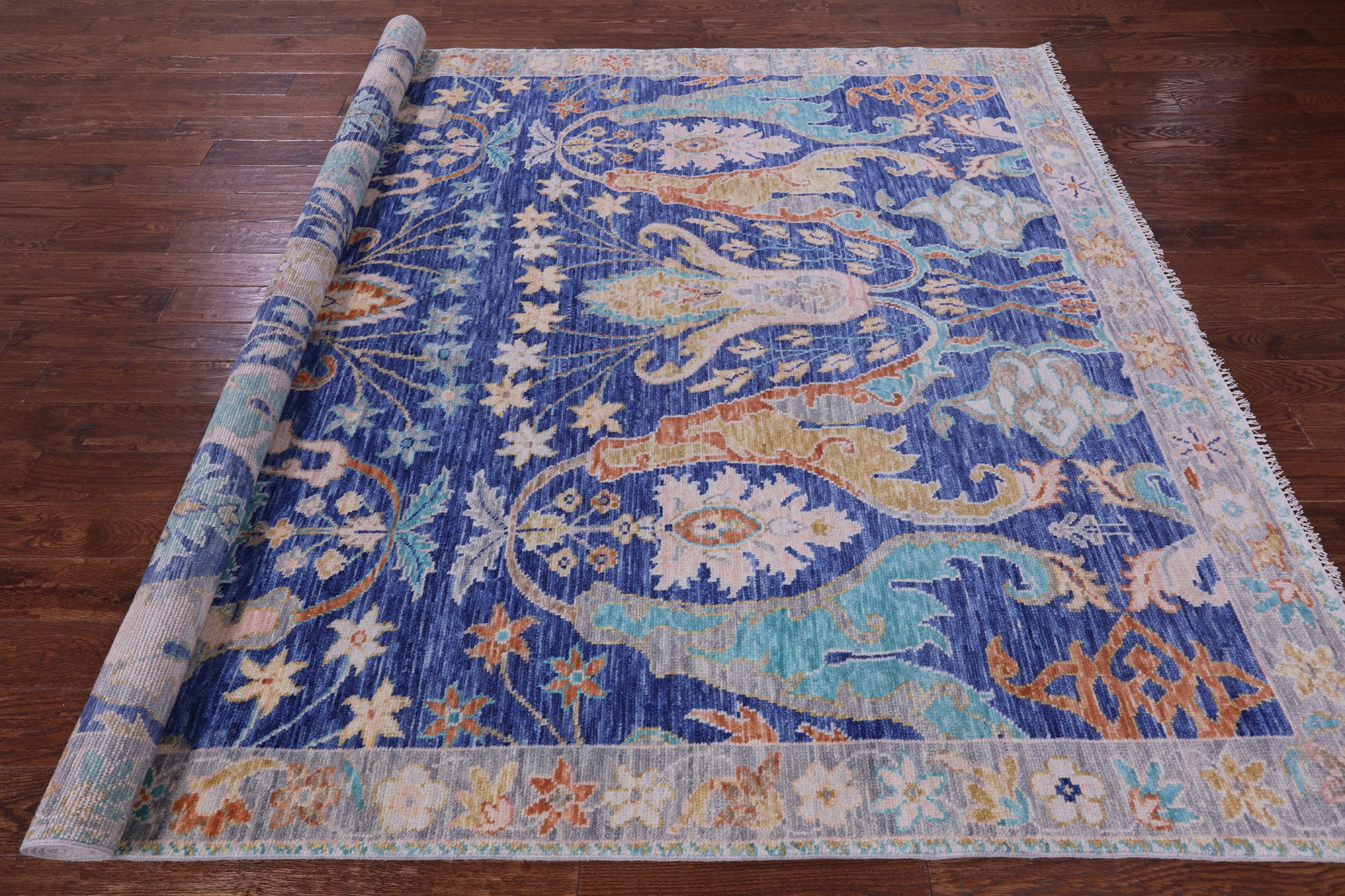 Blue Turkish Oushak Hand Knotted Wool Rug - 8' 0" X 10' 3" - Golden Nile