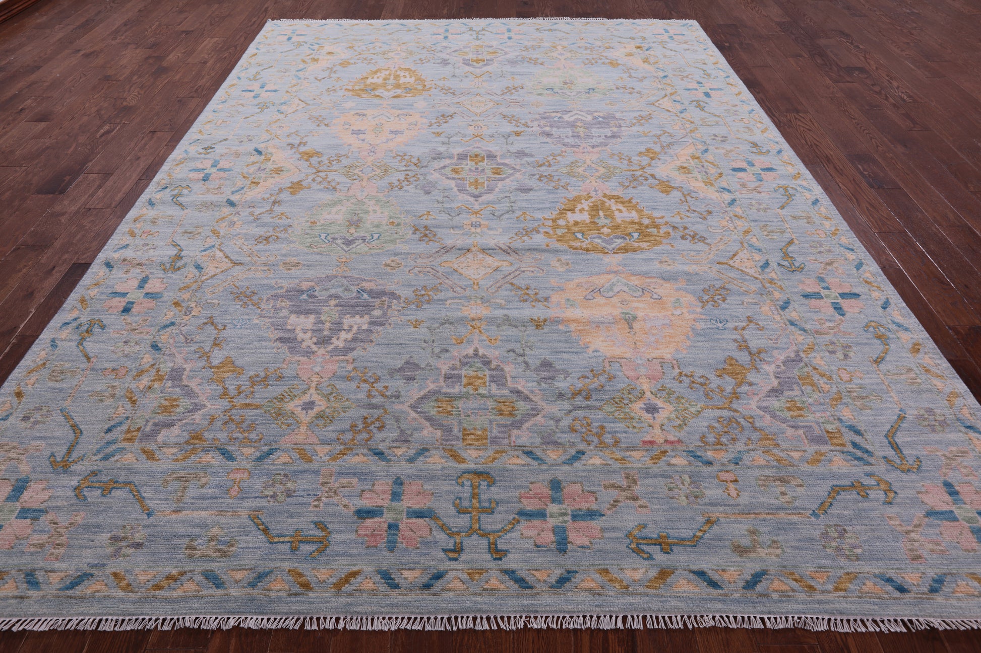 Light Blue Turkish Oushak Hand Knotted Wool Rug - 9' 1" X 12' 0" - Golden Nile