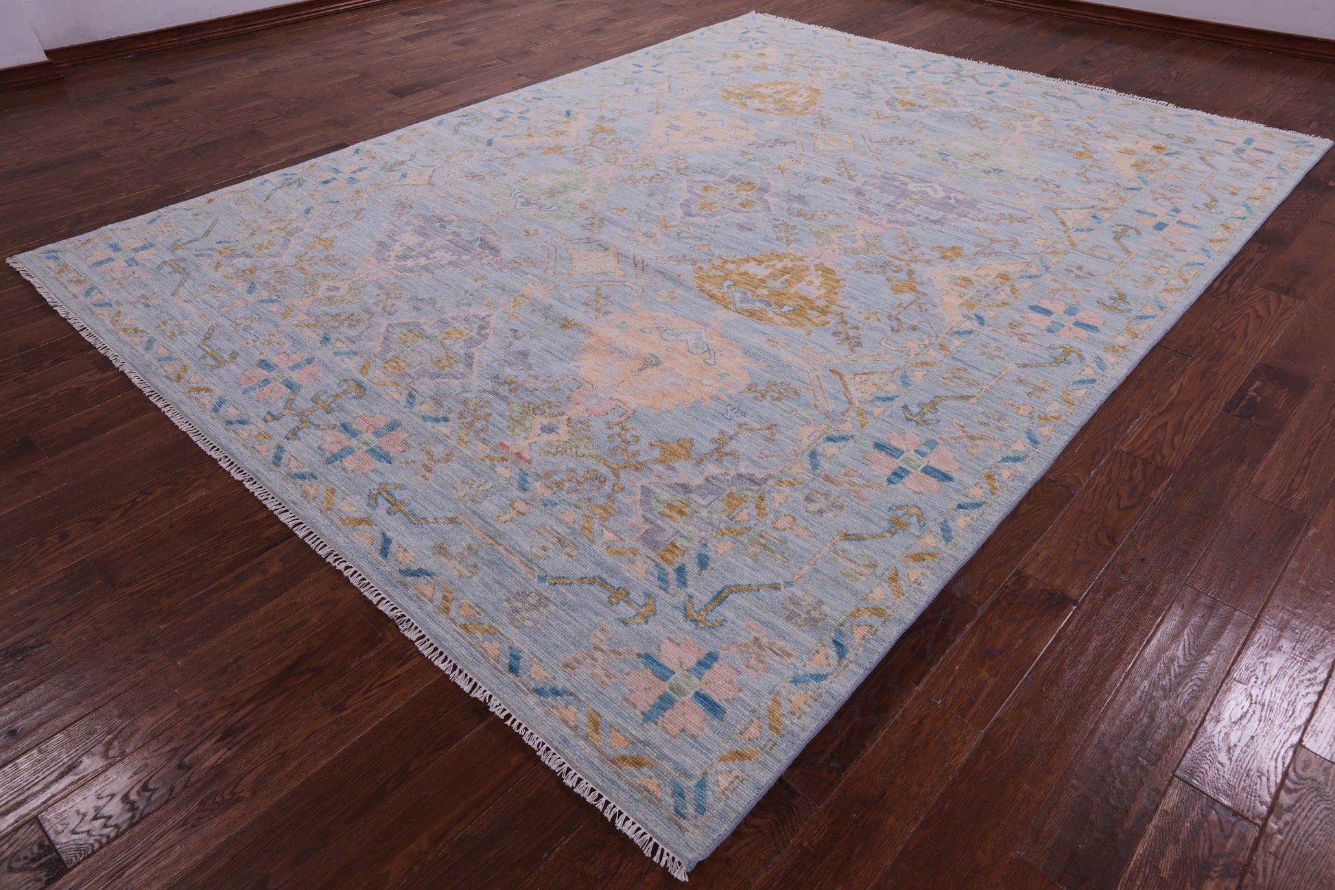 Light Blue Turkish Oushak Hand Knotted Wool Rug - 9' 1" X 12' 0" - Golden Nile