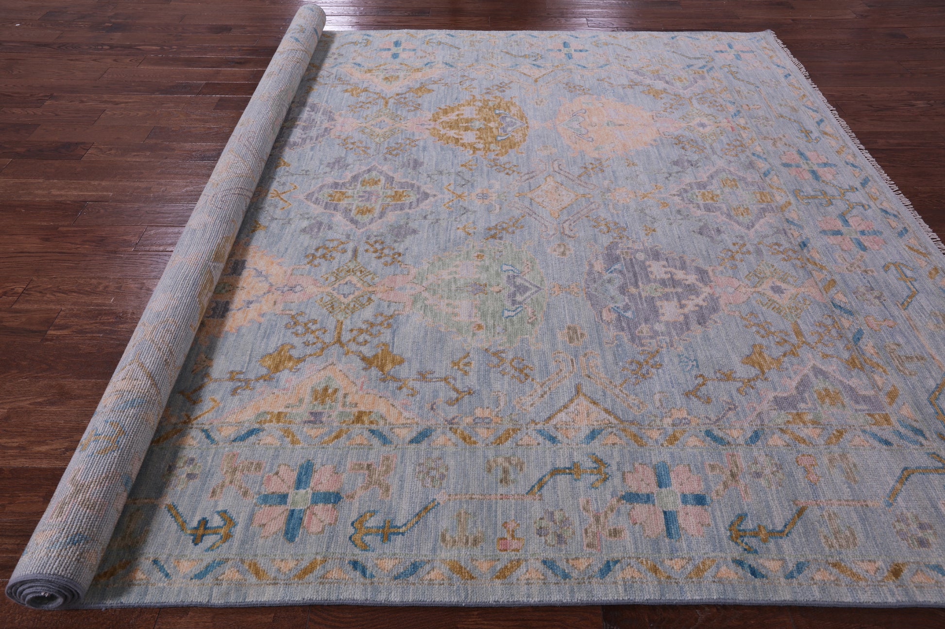Light Blue Turkish Oushak Hand Knotted Wool Rug - 9' 1" X 12' 0" - Golden Nile