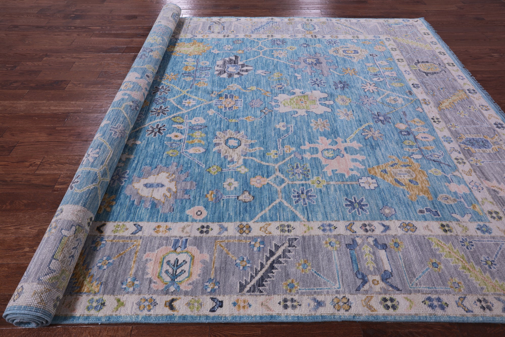 Blue Turkish Oushak Handmade Wool Rug - 8' 11" X 12' 3" - Golden Nile