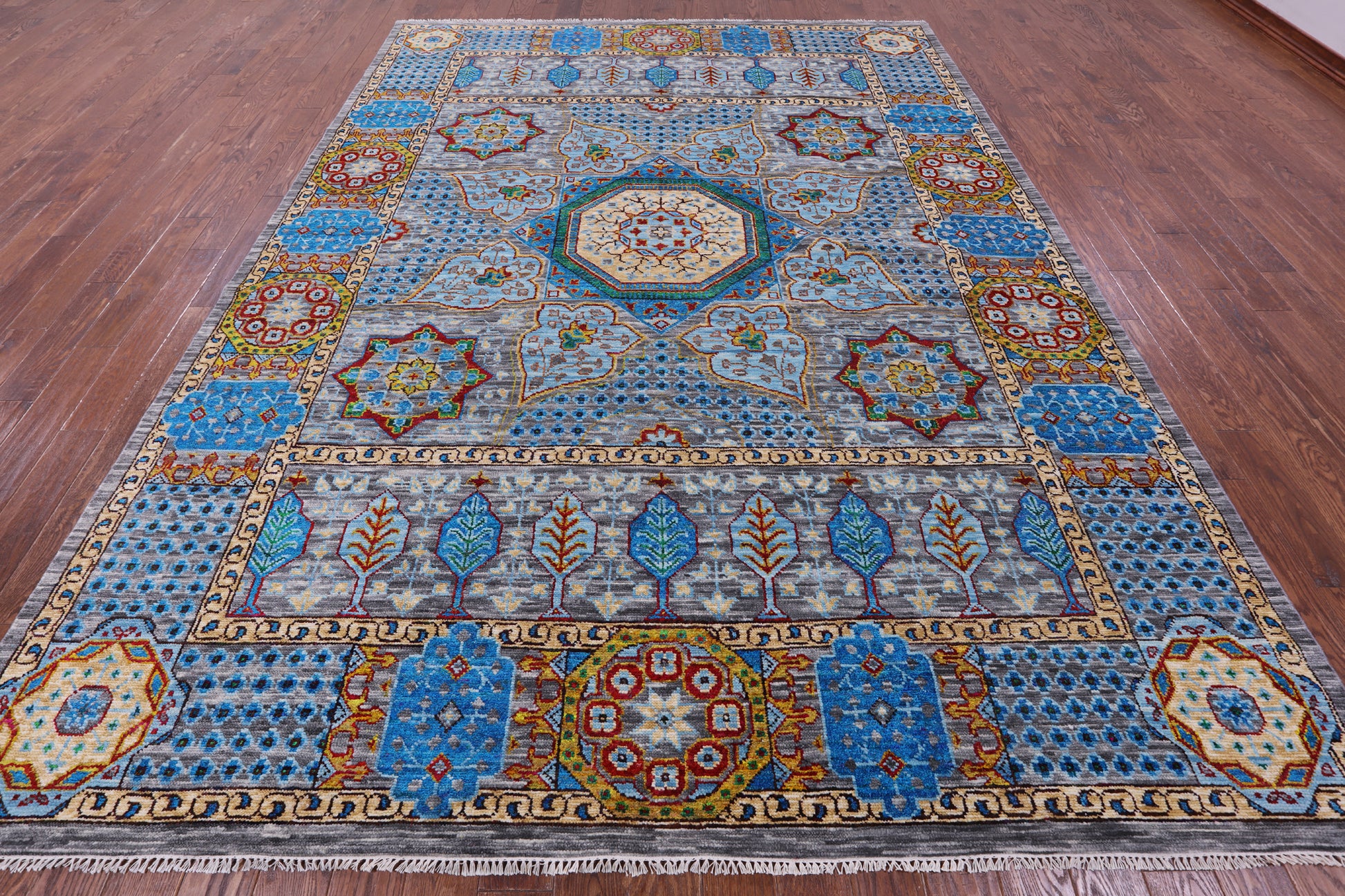 Grey Geometric Persian Mamluk Handmade Wool Rug - 9' 1" X 12' 3" - Golden Nile
