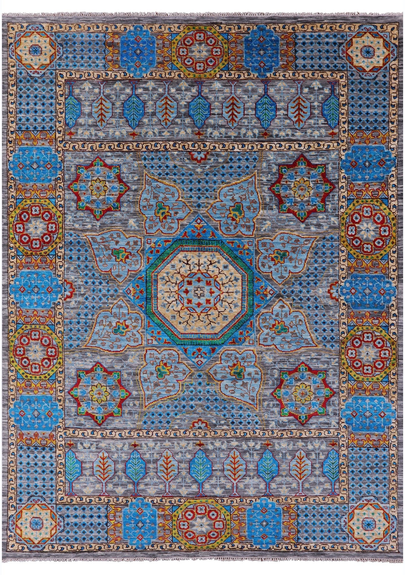 Grey Geometric Persian Mamluk Handmade Wool Rug - 9' 1" X 12' 3" - Golden Nile