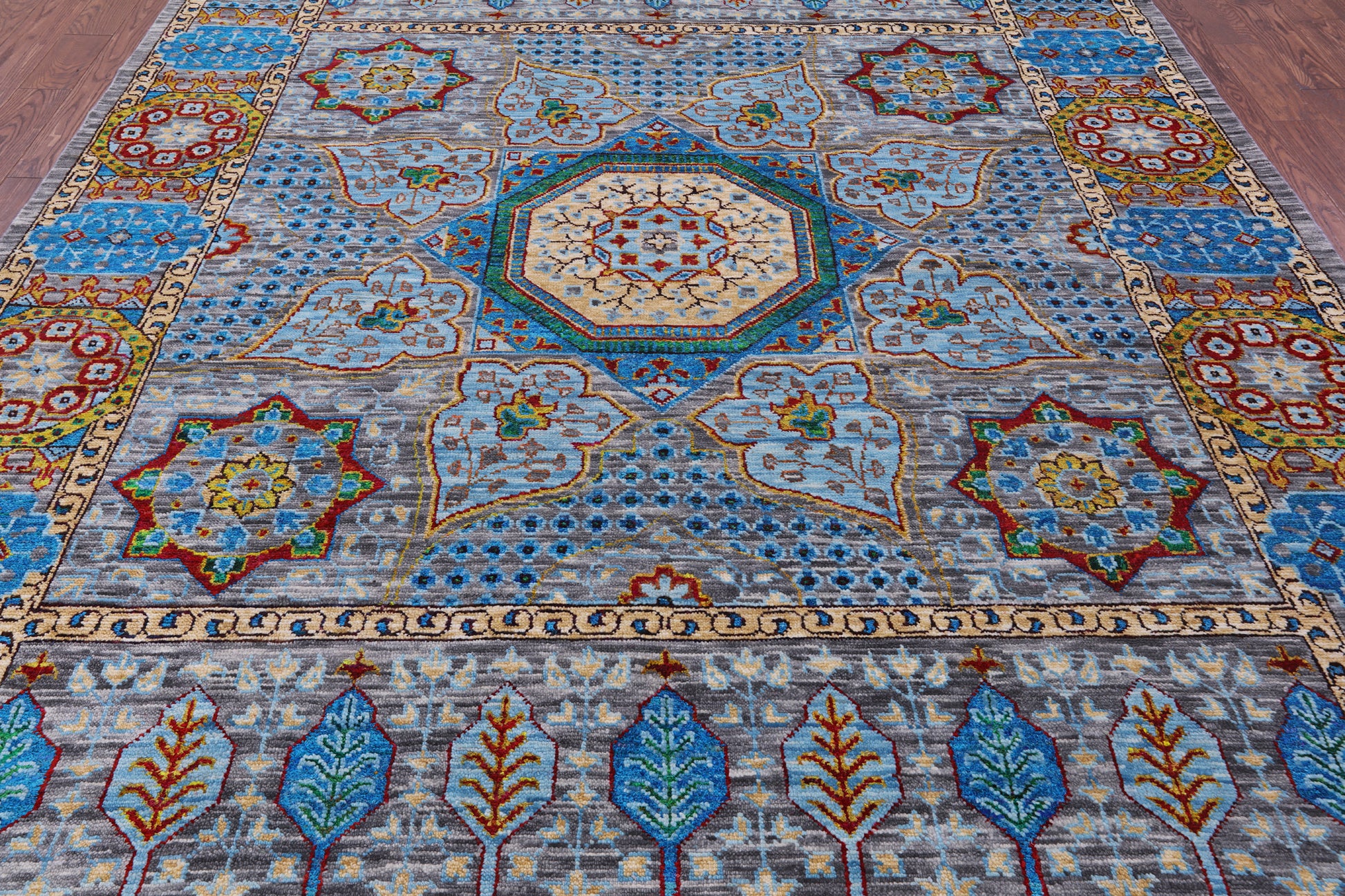Grey Geometric Persian Mamluk Handmade Wool Rug - 9' 1" X 12' 3" - Golden Nile