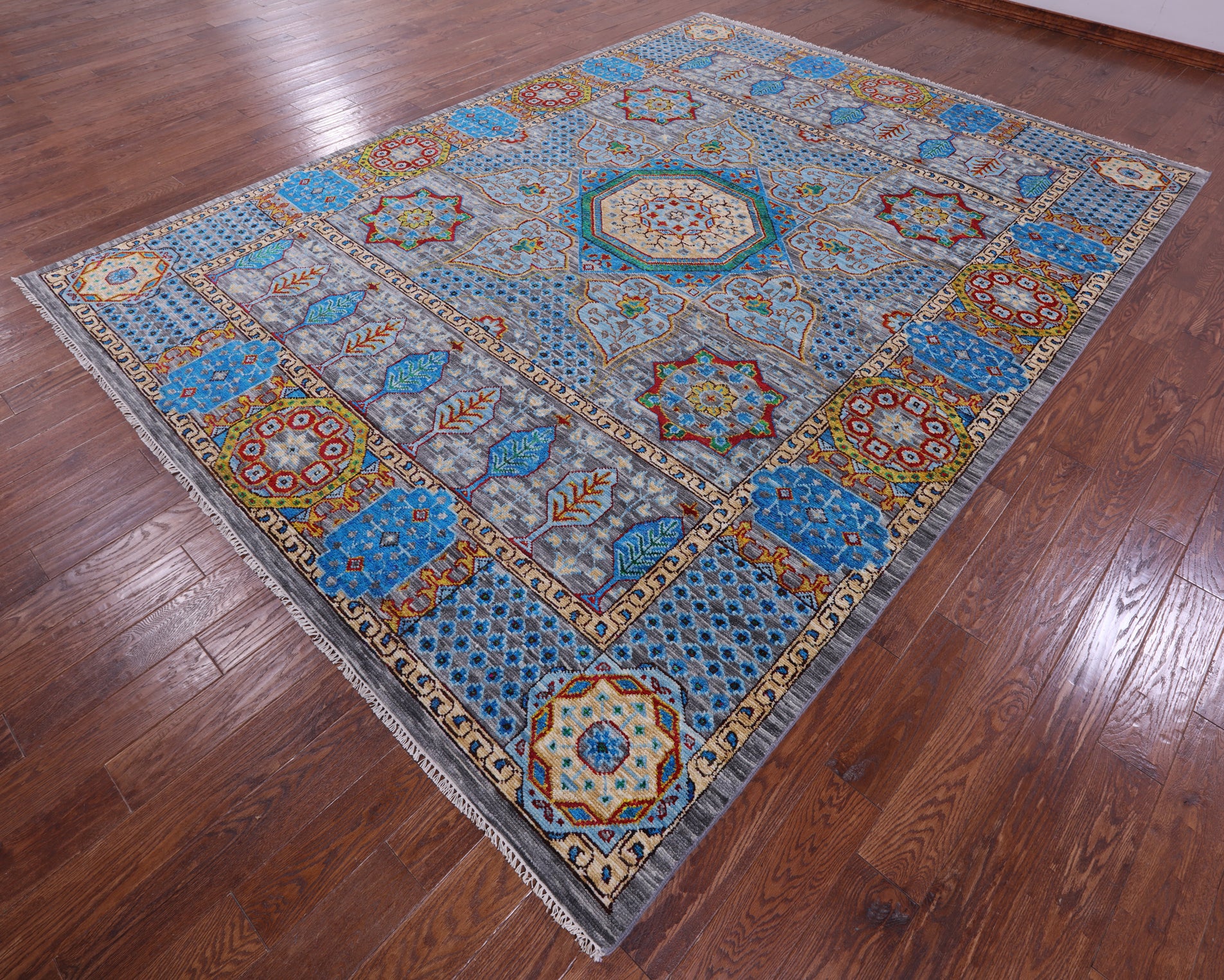 Grey Geometric Persian Mamluk Handmade Wool Rug - 9' 1" X 12' 3" - Golden Nile