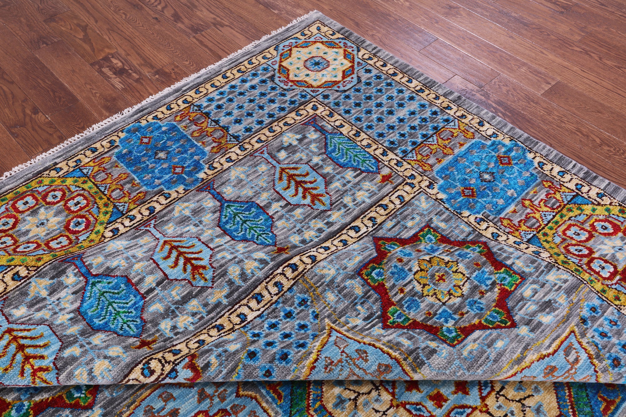 Grey Geometric Persian Mamluk Handmade Wool Rug - 9' 1" X 12' 3" - Golden Nile