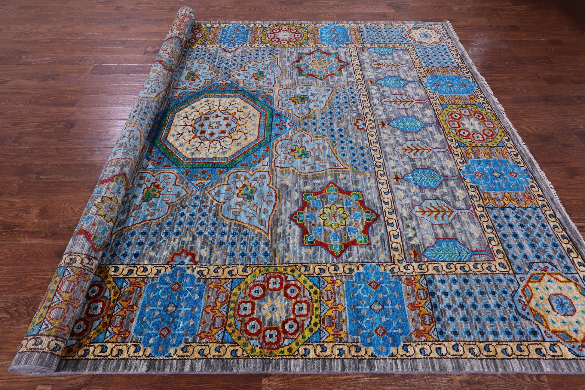 Grey Geometric Persian Mamluk Handmade Wool Rug - 9' 1" X 12' 3" - Golden Nile