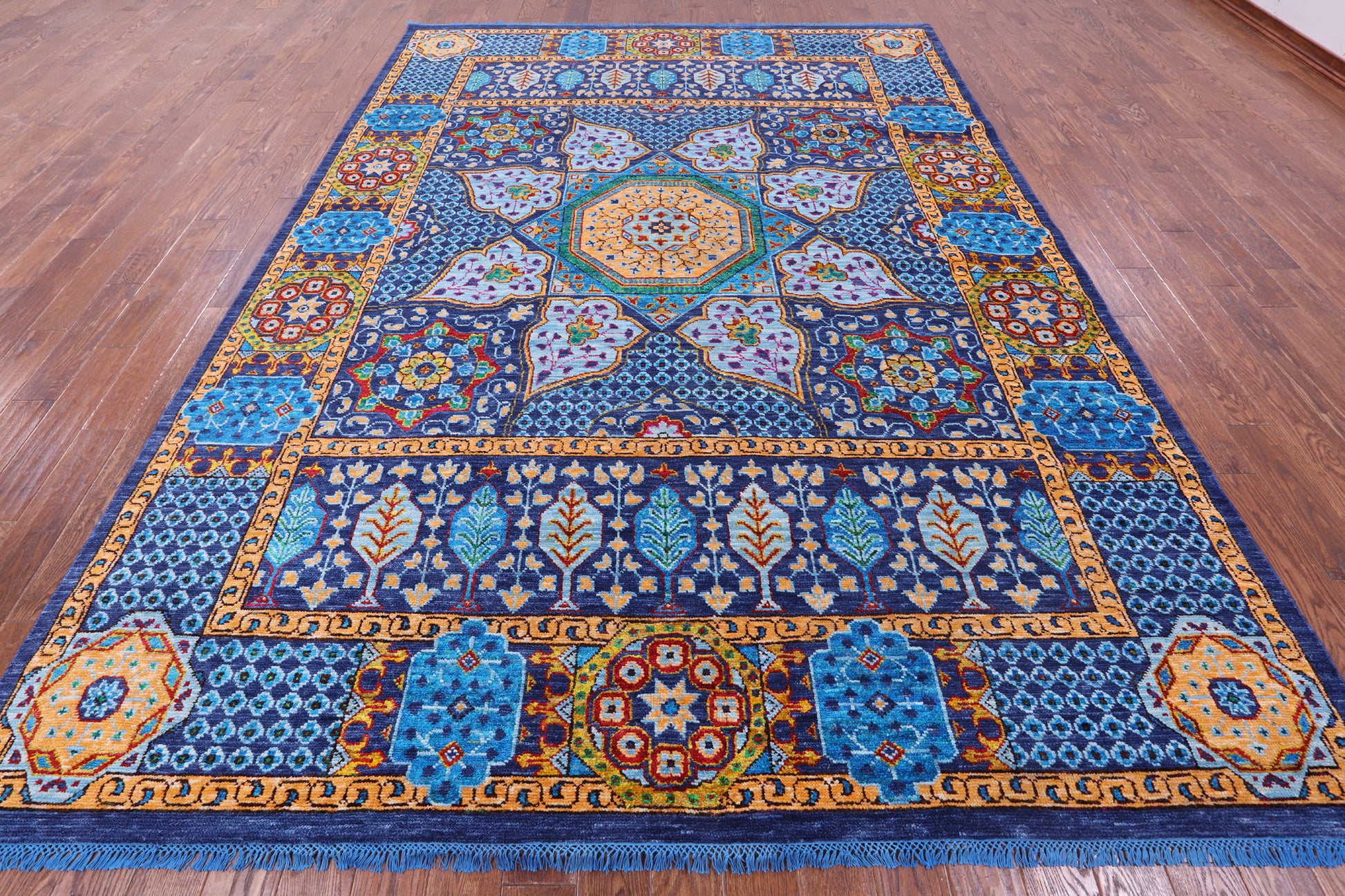 Blue Geometric Persian Mamluk Hand Knotted Wool Rug - 9' 0" X 12' 3" - Golden Nile