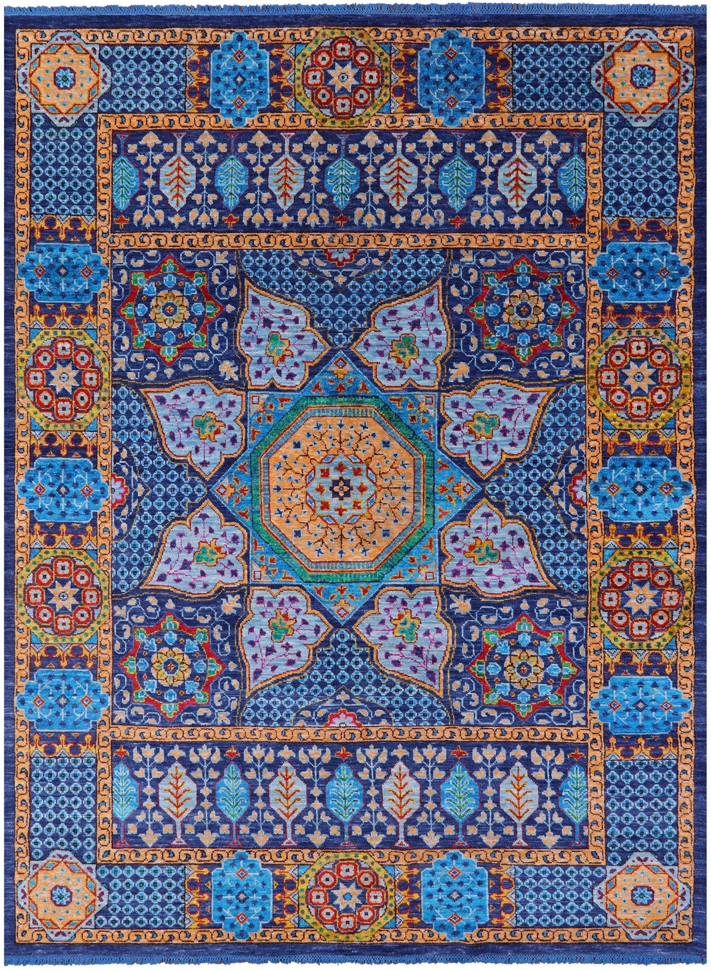 Blue Geometric Persian Mamluk Hand Knotted Wool Rug - 9' 0" X 12' 3" - Golden Nile