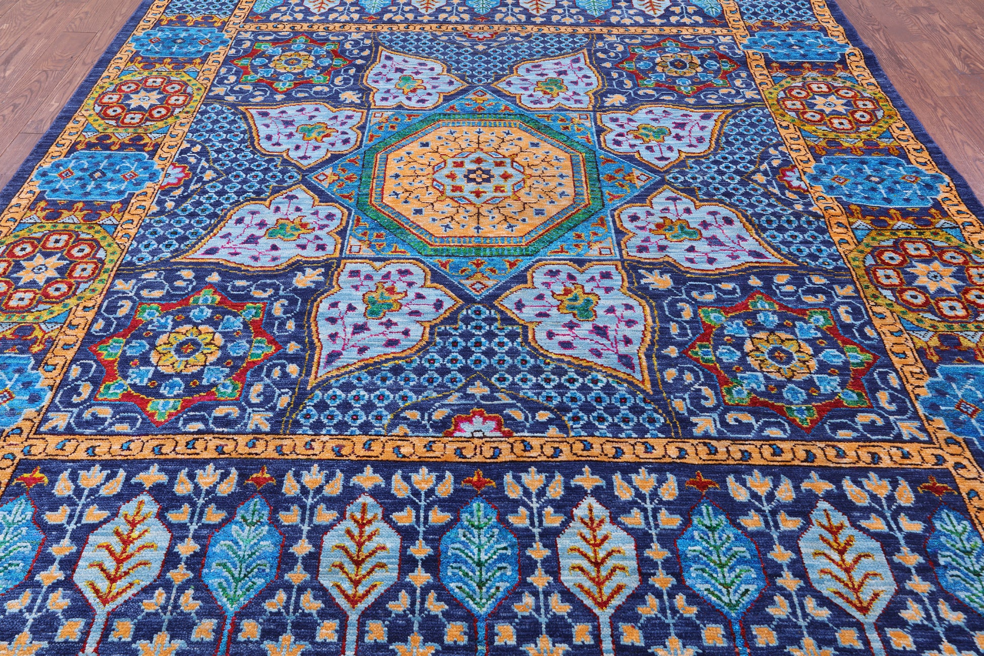 Blue Geometric Persian Mamluk Hand Knotted Wool Rug - 9' 0" X 12' 3" - Golden Nile