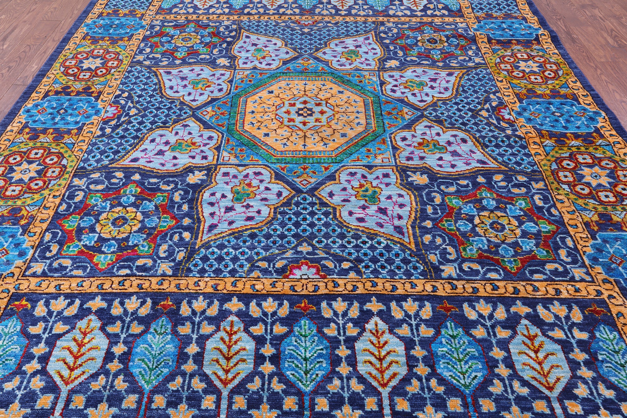 Blue Geometric Persian Mamluk Hand Knotted Wool Rug - 9' 0" X 12' 3" - Golden Nile