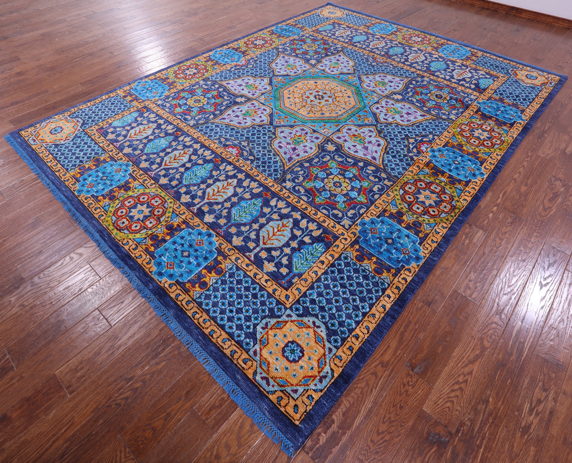 Blue Geometric Persian Mamluk Hand Knotted Wool Rug - 9' 0" X 12' 3" - Golden Nile