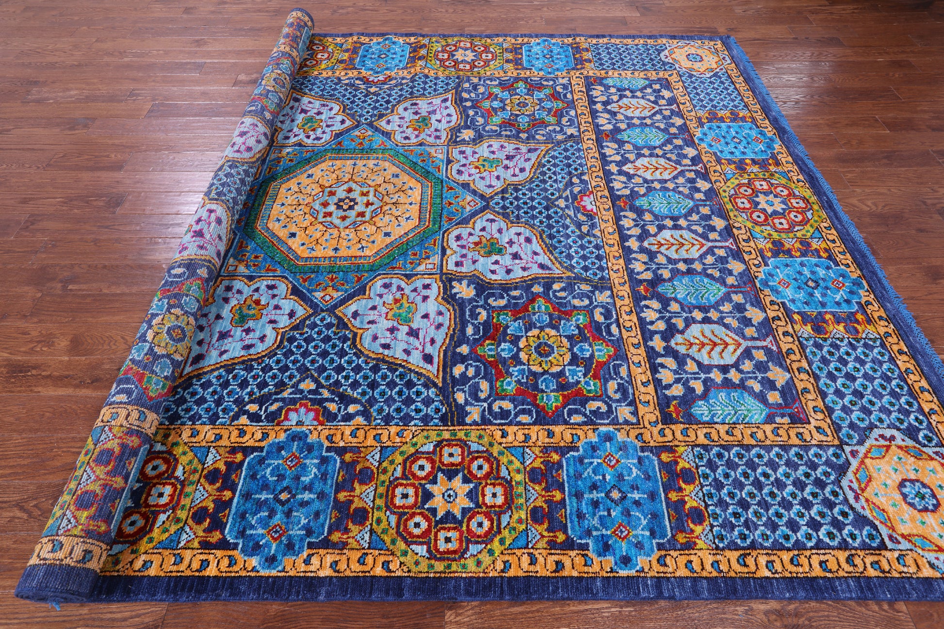 Blue Geometric Persian Mamluk Hand Knotted Wool Rug - 9' 0" X 12' 3" - Golden Nile