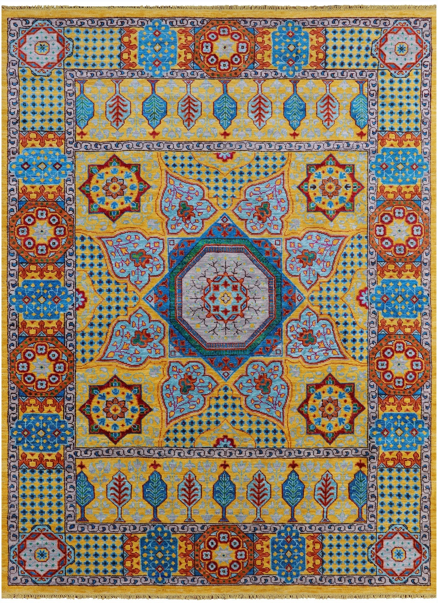 Gold Geometric Persian Mamluk Handmade Wool Rug - 8' 11" X 12' 3" - Golden Nile