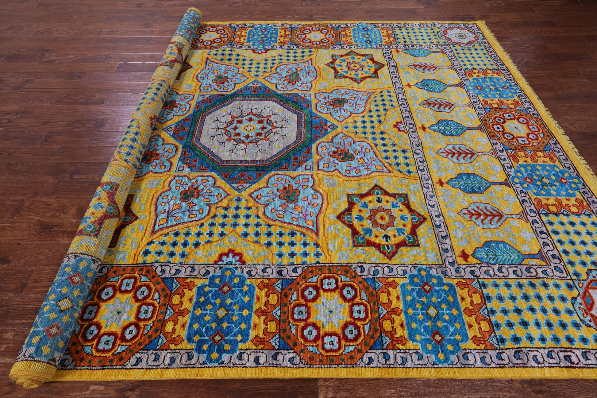 Gold Geometric Persian Mamluk Handmade Wool Rug - 8' 11" X 12' 3" - Golden Nile