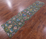 Green Persian Tabriz Handmade Wool & Silk Runner Rug - 2' 7" X 12' 1" - Golden Nile