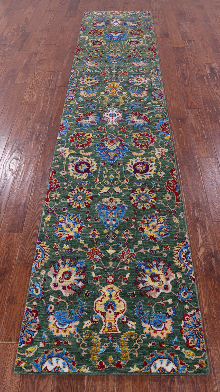 Green Persian Tabriz Handmade Wool & Silk Runner Rug - 2' 7" X 12' 1" - Golden Nile