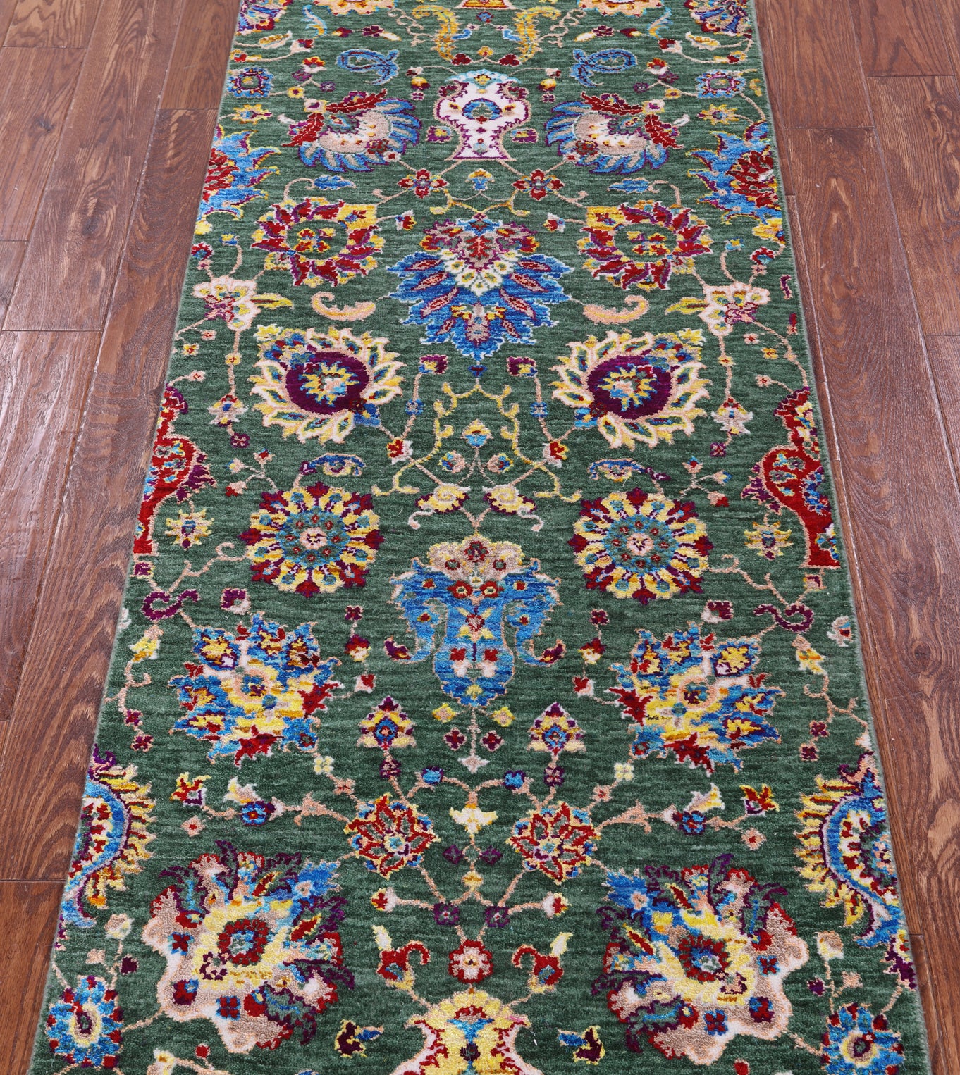Green Persian Tabriz Handmade Wool & Silk Runner Rug - 2' 7" X 12' 1" - Golden Nile
