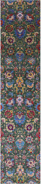 Green Persian Tabriz Handmade Wool & Silk Runner Rug - 2' 7" X 12' 1" - Golden Nile