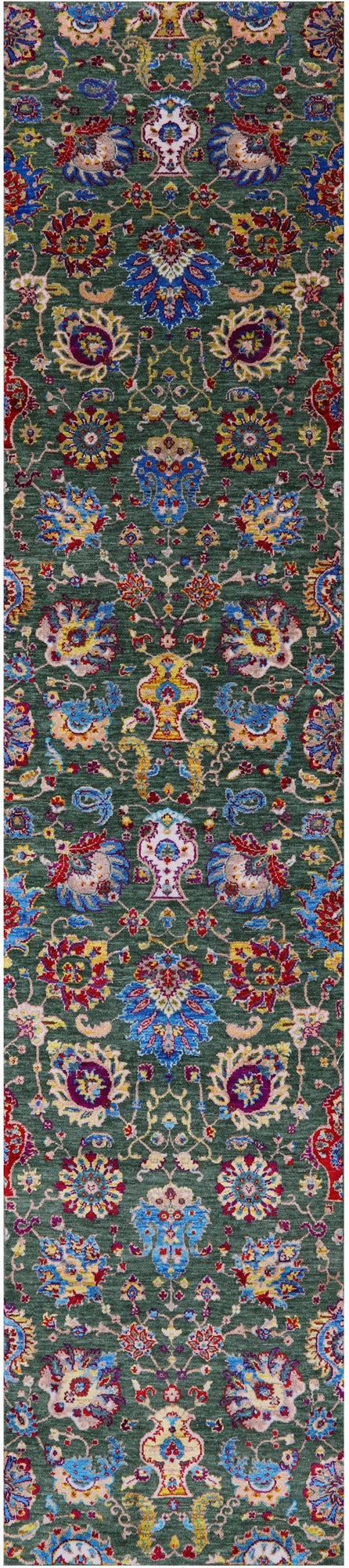 Green Persian Tabriz Handmade Wool & Silk Runner Rug - 2' 7" X 12' 1" - Golden Nile