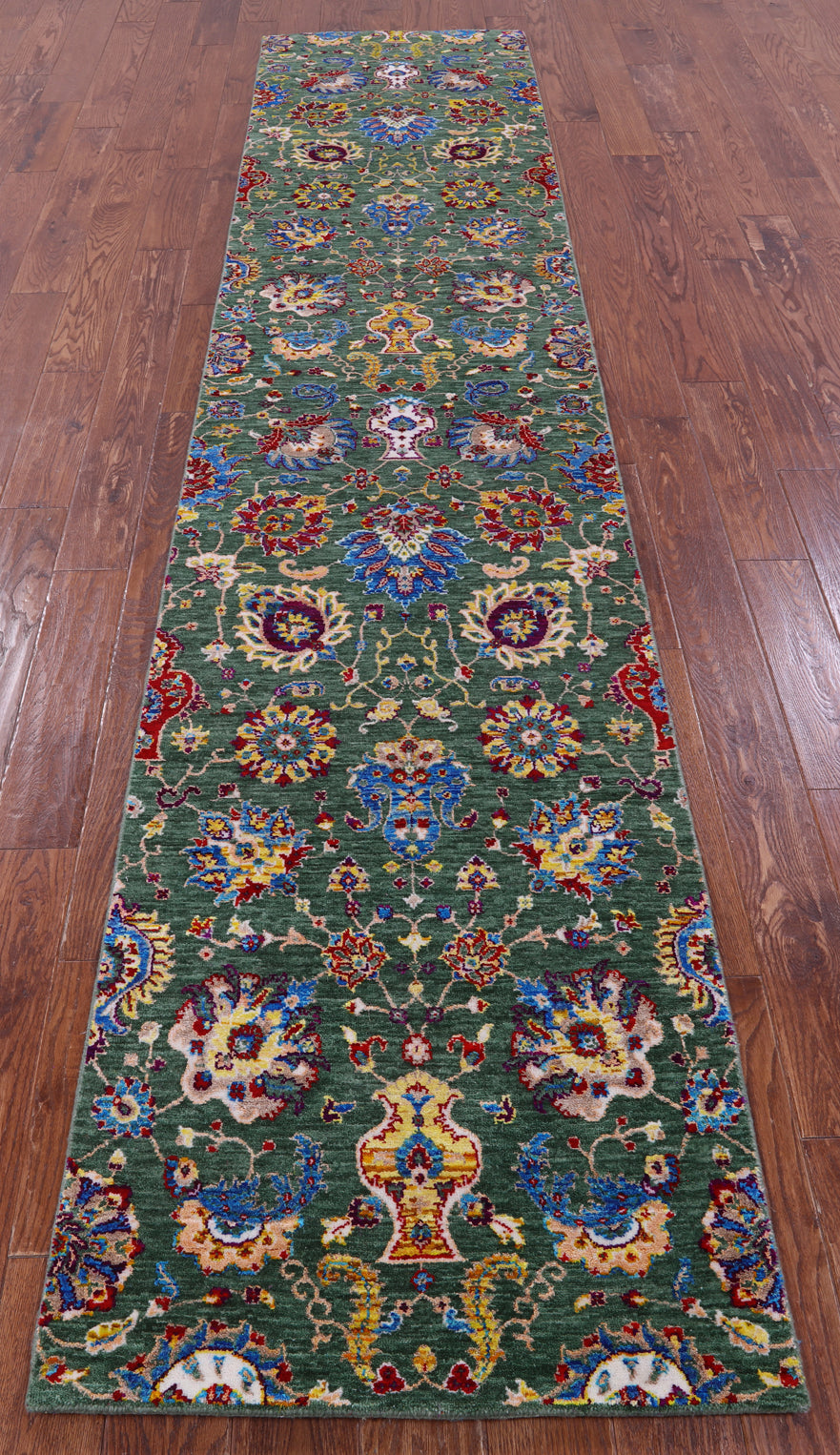 Green Persian Tabriz Hand Knotted Wool & Silk Runner Rug - 2' 7" X 12' 1" - Golden Nile