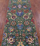Green Persian Tabriz Hand Knotted Wool & Silk Runner Rug - 2' 7" X 12' 1" - Golden Nile