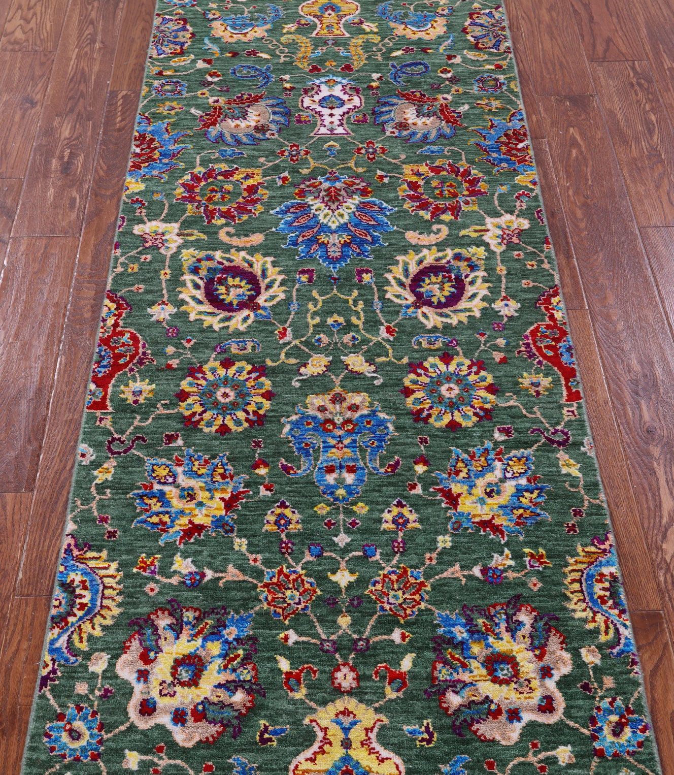 Green Persian Tabriz Hand Knotted Wool & Silk Runner Rug - 2' 7" X 12' 1" - Golden Nile