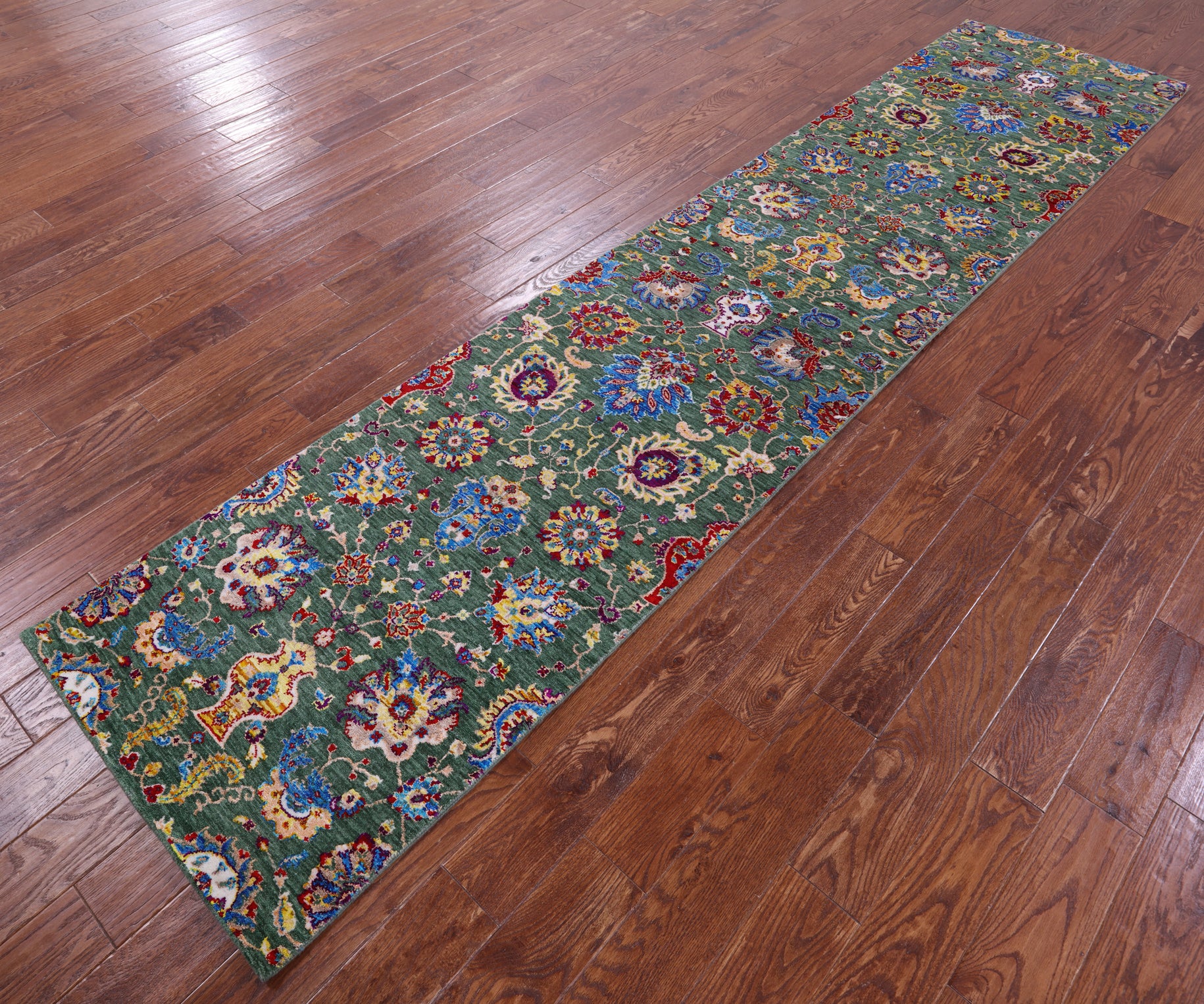 Green Persian Tabriz Hand Knotted Wool & Silk Runner Rug - 2' 7" X 12' 1" - Golden Nile
