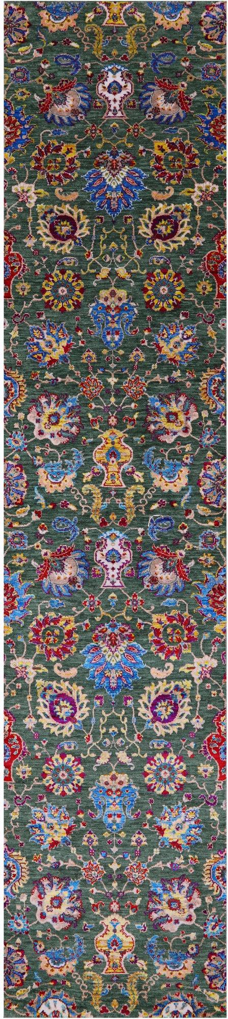 Green Persian Tabriz Hand Knotted Wool & Silk Runner Rug - 2' 7" X 12' 1" - Golden Nile