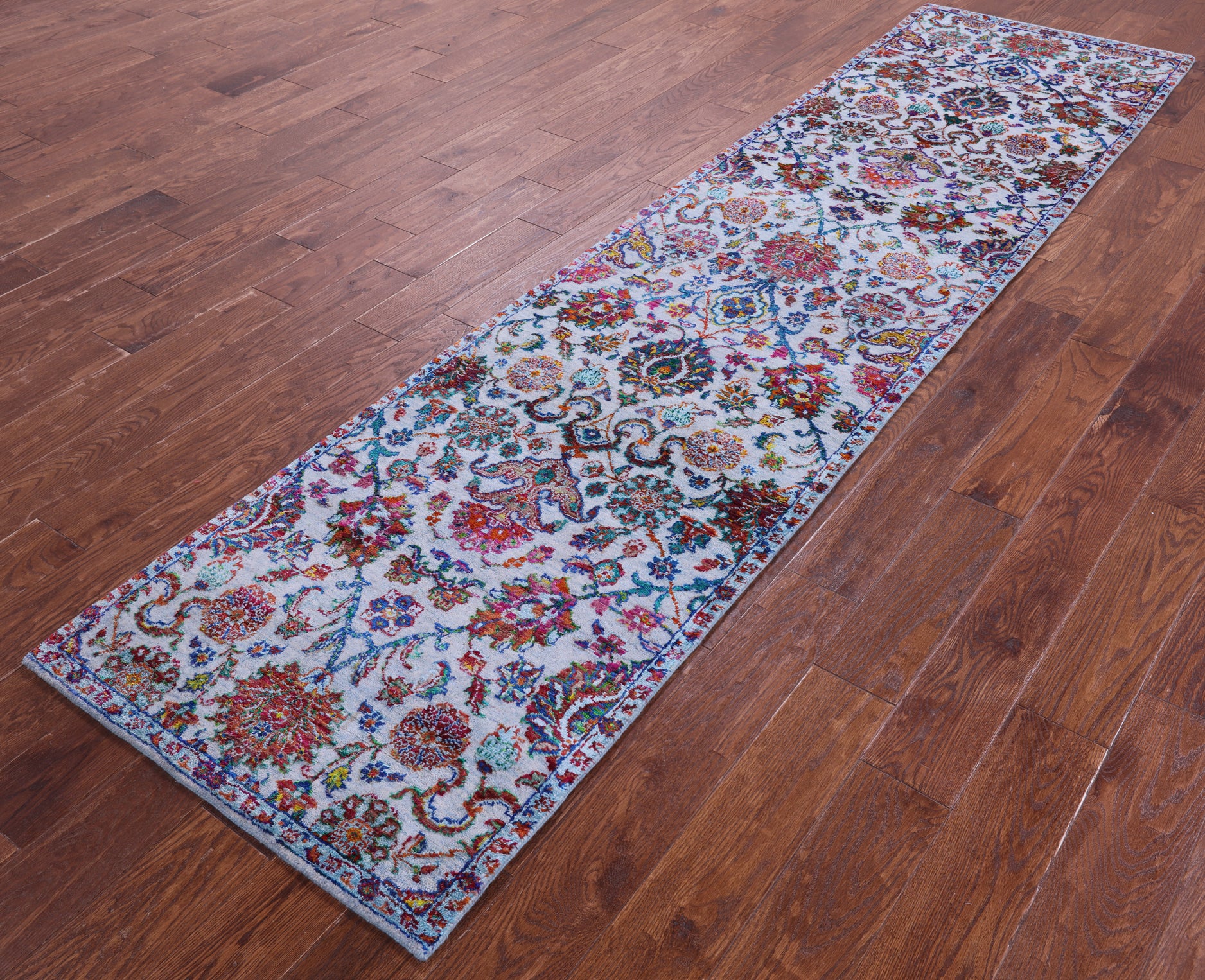 Blue Persian Tabriz Hand Knotted Wool & Silk Runner Rug - 2' 6" X 10' 3" - Golden Nile